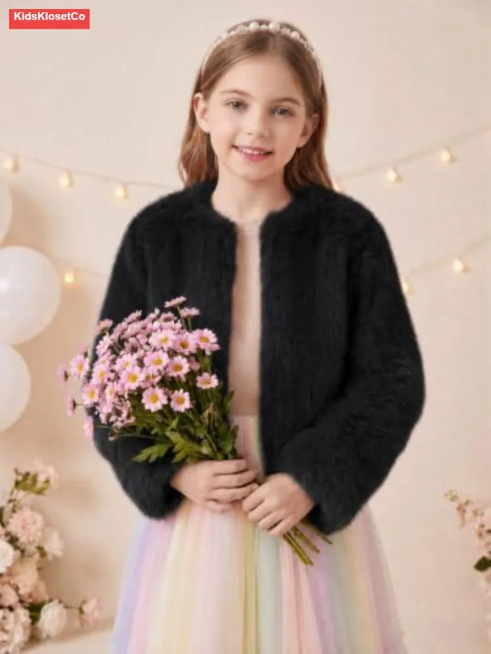 Faux Fur Girls Dress Coat Fluffy Open Front Long Sleeve Jacket